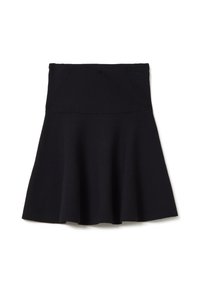 Gonna nera a vita alta svasata con una cintura liscia e un tessuto morbido, presentata piatta su uno sfondo bianco.