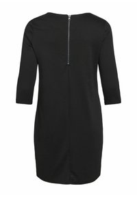 Robe noire longueur genou avec manches trois-quarts et une fermeture éclair visible au dos, allant de l'encolure jusqu'au milieu du dos.