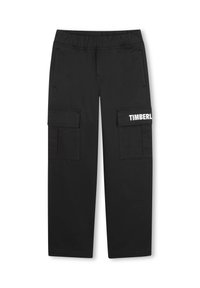 Sorte cargo-bukser med elastisk talje, med to sidelommer og en cargo-lomme med "TIMBERLAND"-tekst i hvid.