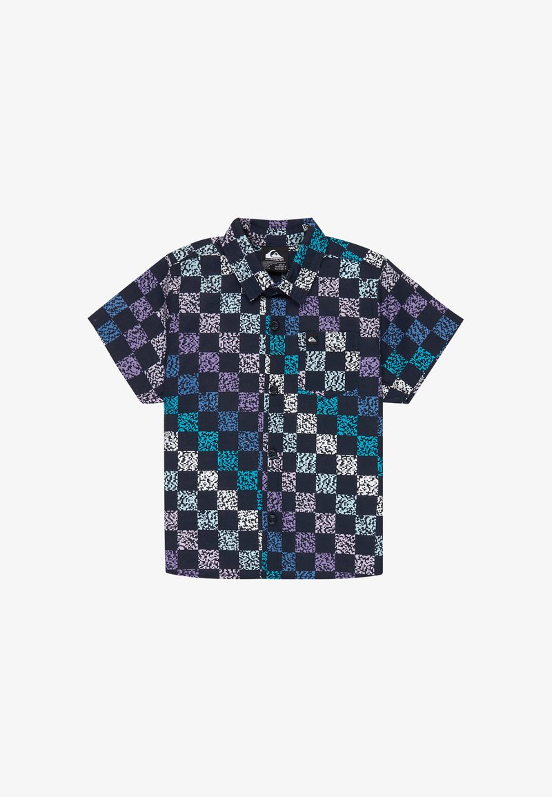 Chemise à manches courtes avec boutonnage et un motif à carreaux multicolores en violet, bleu, sarcelle et blanc sur fond noir.