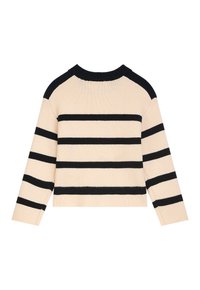 Cremfarbener Pullover mit schwarzen horizontalen Streifen, geripptem Muster und langen Ärmeln. Verfügt über einen Rundhalsausschnitt und Raglanärmel.