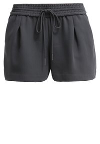 Zwarte korte broek met een elastische tailleband, trekkoorddetails en zachte stof. Voorzien van plooien aan de voorkant, wat zorgt voor een ontspannen pasvorm.