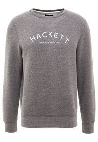 Sudadera gris de cuello redondo hecha de una mezcla de algodón, con un logo blanco de "HACKETT" y el texto "LONDON•ENGLAND" en un diseño de arco.