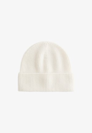 White ribbed knit beanie with a folded cuff, soft texture, and a snug fit, designed for warmth and comfort.