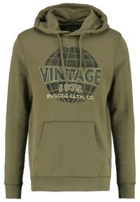 Felpa verde oliva con cappuccio regolabile, tasca frontale e stampa grafica vintage con la scritta "VINTAGE 1975 RUGGED CLTH. CO."