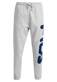 Grå sweatpants i mjukt material, med en marinblå logotyp på vänster sida, elastisk midja med dragsko och smalnande ben.