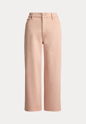 Lys rosa jeans med høyt liv og rette ben, med frontknapper, glidelåslukking, belteløkker og lommer foran og bak.