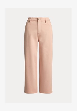 Jeans a gamba dritta color rosa chiaro, a vita alta, con chiusura frontale con bottoni e zip, passanti per cintura, e tasche anteriori e posteriori.