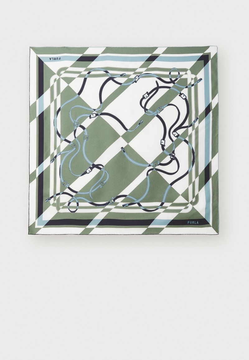 Silk skjerf med grønne og hvite diagonale striper, med intrikate blå og svarte grafiske mønstre som ligner tau. Merke i hjørnet.