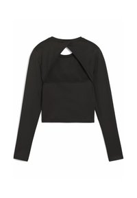 Czarny krótki top z długim rękawem, z wycięciem na plecach, gładką fakturą i dopasowanym krojem, z przeszyciami przy krawędzi dolnej i ramionach.