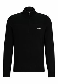 Black zip-up sweater with a high collar, ribbed texture on the shoulders, and a white "BOSS" logo on the left chest.