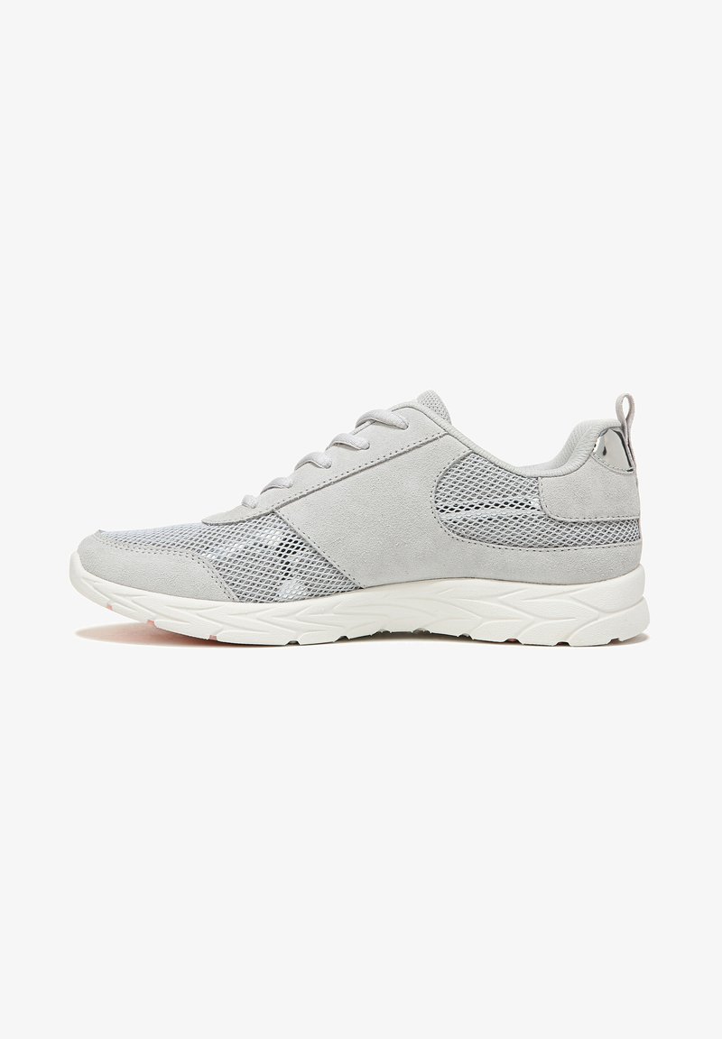 Gray athletic shoe featuring a mix of suede and mesh materials, with a padded collar, lace-up front, and a textured white sole.