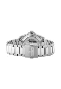 Montre en acier inoxydable avec une finition argentée, dotée d'un boîtier rond, d'un bracelet en métal et d'un fermoir. Résistante à l'eau jusqu'à 10 ATM.
