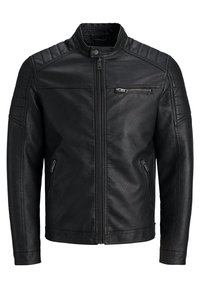 Svart läderjacka med en slät yta, ståkrage och dragkedja fram. Har sydda axeldetaljer och två sidofickor.