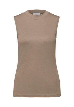 Mouwloze beige dames top met hoge hals, een gladde textuur en een rechte zoom, weergegeven op een witte achtergrond.