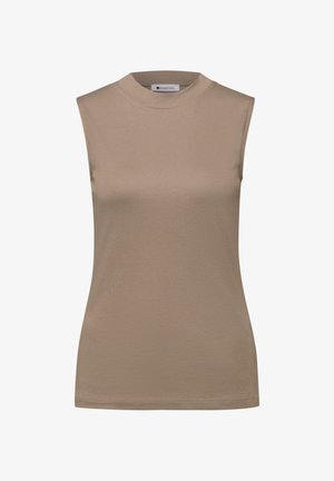 Mouwloze beige dames top met hoge hals, een gladde textuur en een rechte zoom, weergegeven op een witte achtergrond.