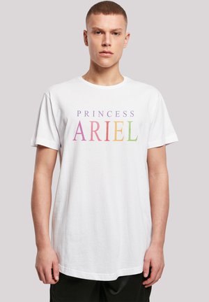 White cotton t-shirt featuring the text "PRINCESS ARIEL" in gradient colors. Short sleeves, round neck, classic fit, no patterns or accents.