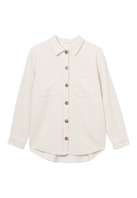 Krämfärgad kordskjorta med krage, knäppning framtill, två bröstfickor och långa ärmar. Har en något böjd fåll.