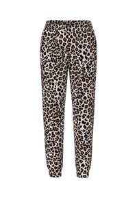 Leopard print joggers in soft fabric, featuring an elastic waistband, tapered legs, and black, brown, and cream color palette.