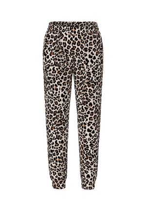 Leopard print joggers in soft fabric, featuring an elastic waistband, tapered legs, and black, brown, and cream color palette.