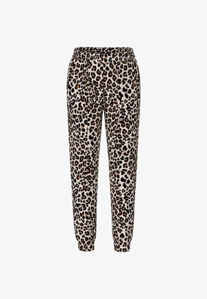 Leopard print joggers in soft fabric, featuring an elastic waistband, tapered legs, and black, brown, and cream color palette.