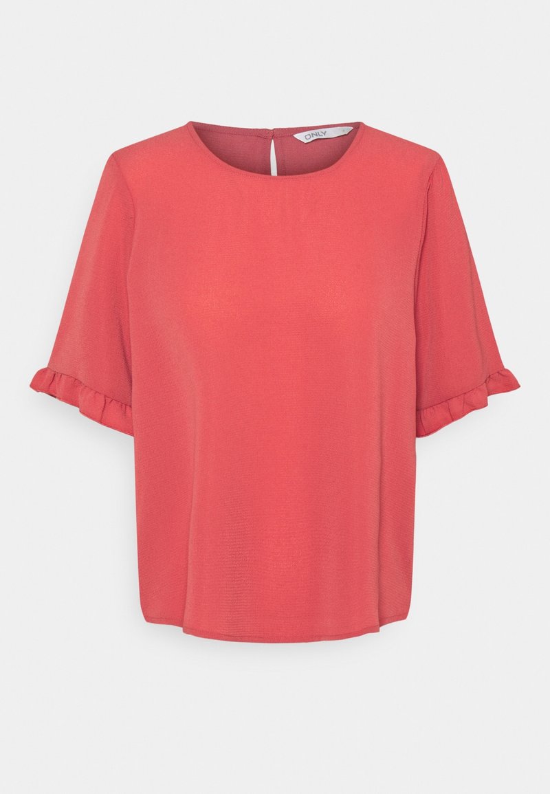Blouse corail à manches courtes avec un col rond et des manches volantées. Tissu lisse avec un léger éclat, doté d'une ouverture en trou de serrure dans le dos.