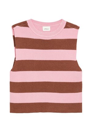 Ärmellose, gestrickte Pulloverweste mit breiten, horizontalen pinken und braunen Streifen und rundem Ausschnitt.