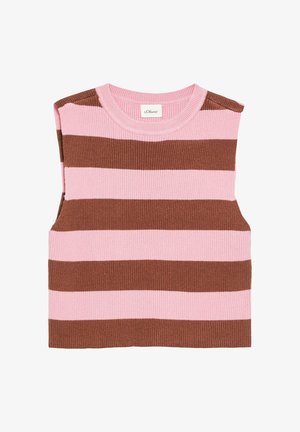 Ärmellose, gestrickte Pulloverweste mit breiten, horizontalen pinken und braunen Streifen und rundem Ausschnitt.