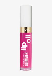 Olej do ust Revlon w przezroczystej butelce, różowa ciecz, biała zakrętka, złota obrączka, wyraźny napis na etykiecie: "Super Lustrous Glimmer Lip Oil."