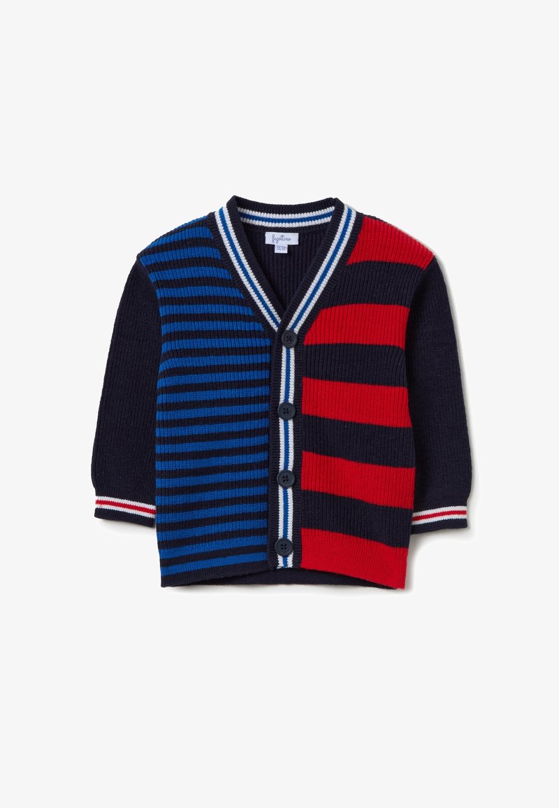 Cardigan tricoté avec un design rayé bleu et rouge. Présente un col en V, cinq boutons noirs et des poignets côtelés avec des rayures rouges et blanches.