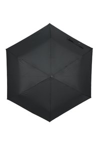 Paraguas negro con forma hexagonal, hecho de tela con una textura suave. Cuenta con un botón central y un mango lateral para un fácil agarre.