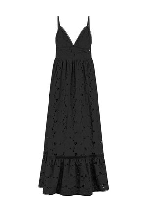 Black sleeveless dress featuring lace detailing, a v-neck, and a flared hemline. Made from a lightweight fabric with floral cutouts.