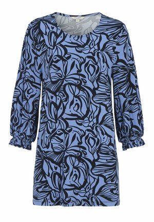 Blå langærmet tunika med sort abstrakte blomster- og bladmønstre samt elastiske flæsekantede ærmer, rund halsudskæring.