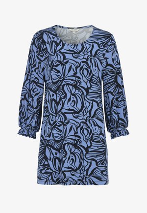 Blå langærmet tunika med sort abstrakte blomster- og bladmønstre samt elastiske flæsekantede ærmer, rund halsudskæring.