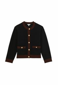 Černý kardigan s hnědými lemy, zlatými knoflíky na přední straně, na kapsách, manžetách a výstřihu, položený na bílém pozadí.