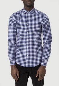 Blå och vit rutigt skjorta med knäppning framtill, långa ärmar, klassisk krage och en skräddarsydd design gjord av vävt bomullstyg.