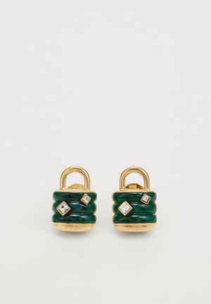 Gold-tone earrings shaped like padlocks, featuring green stacked enamel and clear diamond-like accents on a smooth surface.