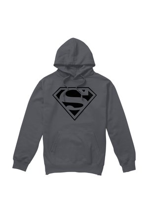 Dunkelgrauer Kapuzenpullover mit schwarzem Superman-Logo auf der Brust und vorne einer Kängurutasche.