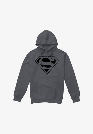 Dunkelgrauer Kapuzenpullover mit schwarzem Superman-Logo auf der Brust und vorne einer Kängurutasche.
