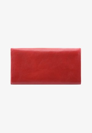 Portefeuille en cuir rouge avec une texture lisse, de forme rectangulaire et un design épuré. Ne présente aucun matériel ou embellissement visible.