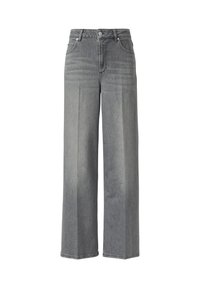 Wide-leg jeans in medium grey denim, featuring a high-rise waist, five pockets, and subtle stitch detailing along the seams.
