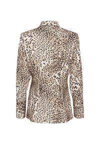Blúzka s leopardím vzorom z ľahkého materiálu, s dlhými rukávmi, golierom a priliehavým strihom so slabým rozšírením na spodnej časti.