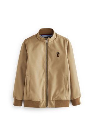 Veste bomber beige avec fermeture éclair sur le devant, poignets et ourlet côtelés, poches latérales, et petit logo cerf brodé sur la poitrine gauche.