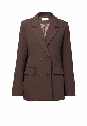 Bruine dubbelgeknoopte blazer van geweven stof met notch revers, twee voorzakken en vier knopen aan de voorkant.