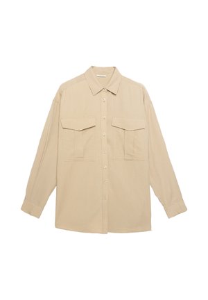 Beige overhemd met lange mouwen en een kraag, met twee borstzakken, knoopsluiting en een relaxte pasvorm. Glad stoftextuur.