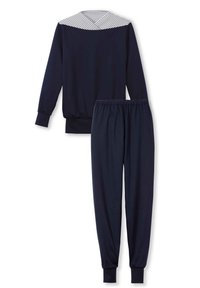Marinblå tvådelad outfit bestående av en långärmad topp med randig krage och byxor med elastisk midja, båda i mjukt tyg.