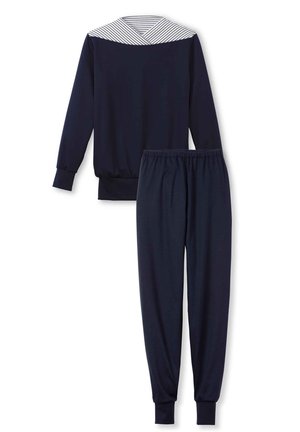 Navy two-piece outfit featuring a long-sleeve top with a striped collar and pants with an elastic waistband, both in soft fabric.