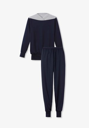 Marineblaues Zweiteiler-Outfit mit einem Langarmoberteil mit gestreiftem Kragen und einer Hose mit elastischem Bund, beide aus weichem Stoff.