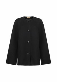 Blazer en laine noire avec encolure ronde, quatre boutons noirs sur le devant et manches longues droites.