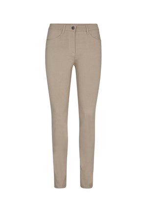 Slim-fit beige women's pants with front and back pockets, belt loops, and a button closure.